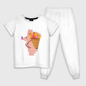 Детская пижама хлопок с принтом Весенний кролик с цветами в Екатеринбурге, 100% хлопок |  брюки и футболка прямого кроя, без карманов, на брюках мягкая резинка на поясе и по низу штанин
 | бабочка | зайчик | кролик | тюльпаны | цветы