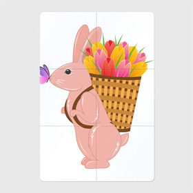 Магнитный плакат 2Х3 с принтом Весенний кролик с цветами в Екатеринбурге, Полимерный материал с магнитным слоем | 6 деталей размером 9*9 см | бабочка | зайчик | кролик | тюльпаны | цветы
