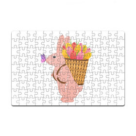 Пазл магнитный 126 элементов с принтом Весенний кролик с цветами в Екатеринбурге, полимерный материал с магнитным слоем | 126 деталей, размер изделия —  180*270 мм | бабочка | зайчик | кролик | тюльпаны | цветы