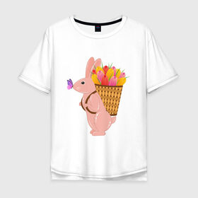 Мужская футболка хлопок Oversize с принтом Весенний кролик с цветами в Екатеринбурге, 100% хлопок | свободный крой, круглый ворот, “спинка” длиннее передней части | Тематика изображения на принте: бабочка | зайчик | кролик | тюльпаны | цветы