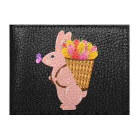 Обложка для студенческого билета с принтом Весенний кролик с цветами в Екатеринбурге, натуральная кожа | Размер: 11*8 см; Печать на всей внешней стороне | бабочка | зайчик | кролик | тюльпаны | цветы