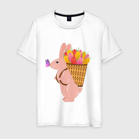 Мужская футболка хлопок с принтом Весенний кролик с цветами в Екатеринбурге, 100% хлопок | прямой крой, круглый вырез горловины, длина до линии бедер, слегка спущенное плечо. | бабочка | зайчик | кролик | тюльпаны | цветы