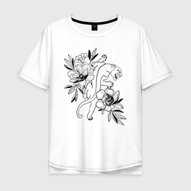 Мужская футболка хлопок Oversize с принтом кошка с цветами тату  в Екатеринбурге, 100% хлопок | свободный крой, круглый ворот, “спинка” длиннее передней части | tatoo | азия | ботаника | луна | скульптура | тату | тренд | цветок | цветы