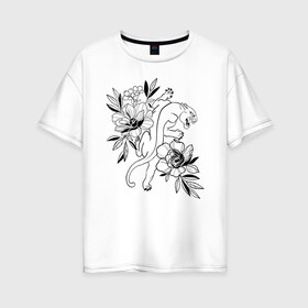 Женская футболка хлопок Oversize с принтом кошка с цветами тату  в Екатеринбурге, 100% хлопок | свободный крой, круглый ворот, спущенный рукав, длина до линии бедер
 | tatoo | азия | ботаника | луна | скульптура | тату | тренд | цветок | цветы