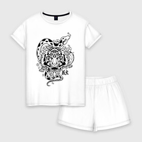 Женская пижама с шортиками хлопок с принтом тигр и змея  в Екатеринбурге, 100% хлопок | футболка прямого кроя, шорты свободные с широкой мягкой резинкой | tatoo | ботаника | змея | иероглифы | тату | тигр | тренд | цветок