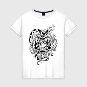 Женская футболка хлопок с принтом тигр и змея  в Екатеринбурге, 100% хлопок | прямой крой, круглый вырез горловины, длина до линии бедер, слегка спущенное плечо | tatoo | ботаника | змея | иероглифы | тату | тигр | тренд | цветок