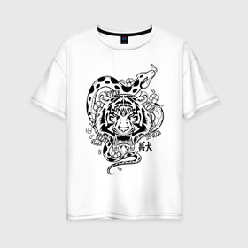 Женская футболка хлопок Oversize с принтом тигр и змея  в Екатеринбурге, 100% хлопок | свободный крой, круглый ворот, спущенный рукав, длина до линии бедер
 | tatoo | ботаника | змея | иероглифы | тату | тигр | тренд | цветок