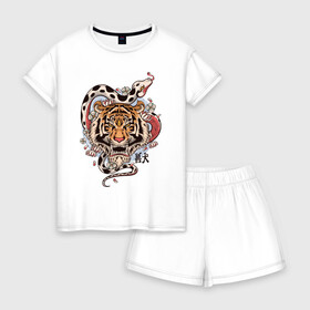 Женская пижама с шортиками хлопок с принтом тигр  со змеей  в Екатеринбурге, 100% хлопок | футболка прямого кроя, шорты свободные с широкой мягкой резинкой | tatoo | ботаника | змея | иероглифы | тату | тигр | тренд | цветок