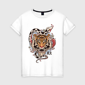 Женская футболка хлопок с принтом тигр  со змеей  в Екатеринбурге, 100% хлопок | прямой крой, круглый вырез горловины, длина до линии бедер, слегка спущенное плечо | tatoo | ботаника | змея | иероглифы | тату | тигр | тренд | цветок