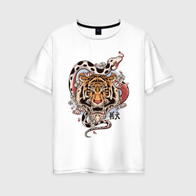 Женская футболка хлопок Oversize с принтом тигр  со змеей  в Екатеринбурге, 100% хлопок | свободный крой, круглый ворот, спущенный рукав, длина до линии бедер
 | tatoo | ботаника | змея | иероглифы | тату | тигр | тренд | цветок
