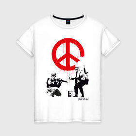 Женская футболка хлопок с принтом Make peace no war | Banksy в Екатеринбурге, 100% хлопок | прямой крой, круглый вырез горловины, длина до линии бедер, слегка спущенное плечо | art | banksy | street art | арт | бэнкси | граффити | со смыслом | сосмыслом | стритарт