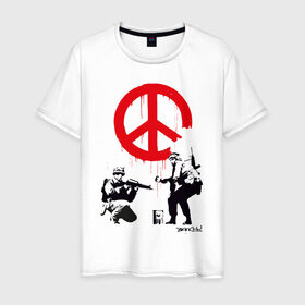Мужская футболка хлопок с принтом Make peace no war | Banksy в Екатеринбурге, 100% хлопок | прямой крой, круглый вырез горловины, длина до линии бедер, слегка спущенное плечо. | art | banksy | street art | арт | бэнкси | граффити | со смыслом | сосмыслом | стритарт