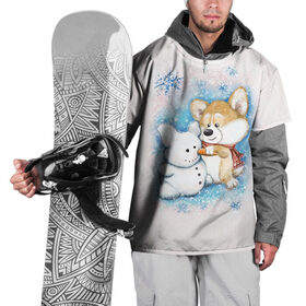 Накидка на куртку 3D с принтом Корги и снеговик в Екатеринбурге, 100% полиэстер |  | зима | корги | малыш | снеговик | снежинки | собака | щенок