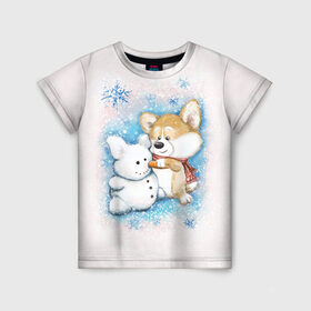 Детская футболка 3D с принтом Корги и снеговик в Екатеринбурге, 100% гипоаллергенный полиэфир | прямой крой, круглый вырез горловины, длина до линии бедер, чуть спущенное плечо, ткань немного тянется | Тематика изображения на принте: зима | корги | малыш | снеговик | снежинки | собака | щенок