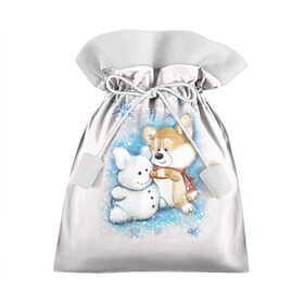 Подарочный 3D мешок с принтом Корги и снеговик в Екатеринбурге, 100% полиэстер | Размер: 29*39 см | зима | корги | малыш | снеговик | снежинки | собака | щенок
