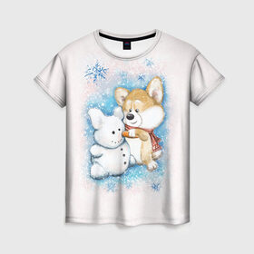 Женская футболка 3D с принтом Корги и снеговик в Екатеринбурге, 100% полиэфир ( синтетическое хлопкоподобное полотно) | прямой крой, круглый вырез горловины, длина до линии бедер | зима | корги | малыш | снеговик | снежинки | собака | щенок