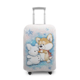 Чехол для чемодана 3D с принтом Корги и снеговик в Екатеринбурге, 86% полиэфир, 14% спандекс | двустороннее нанесение принта, прорези для ручек и колес | зима | корги | малыш | снеговик | снежинки | собака | щенок