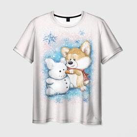 Мужская футболка 3D с принтом Корги и снеговик в Екатеринбурге, 100% полиэфир | прямой крой, круглый вырез горловины, длина до линии бедер | зима | корги | малыш | снеговик | снежинки | собака | щенок