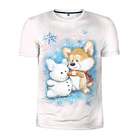 Мужская футболка 3D спортивная с принтом Корги и снеговик в Екатеринбурге, 100% полиэстер с улучшенными характеристиками | приталенный силуэт, круглая горловина, широкие плечи, сужается к линии бедра | зима | корги | малыш | снеговик | снежинки | собака | щенок