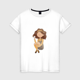 Женская футболка хлопок с принтом Девушка с одуванчиком в Екатеринбурге, 100% хлопок | прямой крой, круглый вырез горловины, длина до линии бедер, слегка спущенное плечо | девочка | девочка с одуванчиком | девушка | милая девочка