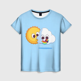 Женская футболка 3D с принтом Ребёнок солнца и дождя в Екатеринбурге, 100% полиэфир ( синтетическое хлопкоподобное полотно) | прямой крой, круглый вырез горловины, длина до линии бедер | детские рисунки | дождь | облако | погода | радуга | ребёнок солнца и дождя | родители | синий фон | солнце