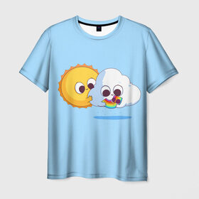Мужская футболка 3D с принтом Ребёнок солнца и дождя в Екатеринбурге, 100% полиэфир | прямой крой, круглый вырез горловины, длина до линии бедер | Тематика изображения на принте: детские рисунки | дождь | облако | погода | радуга | ребёнок солнца и дождя | родители | синий фон | солнце