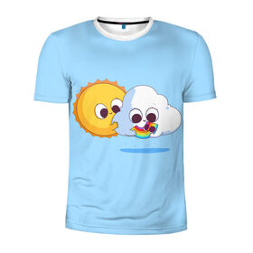 Мужская футболка 3D спортивная с принтом Ребёнок солнца и дождя в Екатеринбурге, 100% полиэстер с улучшенными характеристиками | приталенный силуэт, круглая горловина, широкие плечи, сужается к линии бедра | Тематика изображения на принте: детские рисунки | дождь | облако | погода | радуга | ребёнок солнца и дождя | родители | синий фон | солнце
