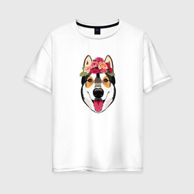 Женская футболка хлопок Oversize с принтом Овчарка в Екатеринбурге, 100% хлопок | свободный крой, круглый ворот, спущенный рукав, длина до линии бедер
 | весна | для девочек. | добрый | домашние | животные | лапы | мода 2021 | нос | пес | улыбка | хвост | цветы