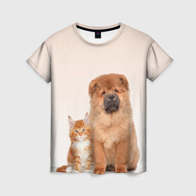 Женская футболка 3D с принтом щенок и котенок друзья в Екатеринбурге, 100% полиэфир ( синтетическое хлопкоподобное полотно) | прямой крой, круглый вырез горловины, длина до линии бедер | ветеринару | друзья | животные домашние | кот | котенок | любителю собак | млекопитающее | мультипликационный персонаж | мультяшная собака | мэй кун | песики | питомцы | псы | собакены | собаки