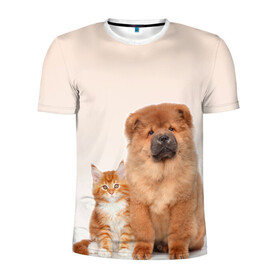 Мужская футболка 3D спортивная с принтом щенок и котенок друзья в Екатеринбурге, 100% полиэстер с улучшенными характеристиками | приталенный силуэт, круглая горловина, широкие плечи, сужается к линии бедра | ветеринару | друзья | животные домашние | кот | котенок | любителю собак | млекопитающее | мультипликационный персонаж | мультяшная собака | мэй кун | песики | питомцы | псы | собакены | собаки