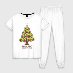 Женская пижама хлопок с принтом Avocado Christmas Tree в Екатеринбурге, 100% хлопок | брюки и футболка прямого кроя, без карманов, на брюках мягкая резинка на поясе и по низу штанин | claus | cute | nature | new year | santa | tree | авокадо | адвокадо | дед мороз | дед отмороз | ёлка | ель | из авокадо | колпак | косточка | милота | милые авокадо | новый год | прикол | природа | рождественское дерево