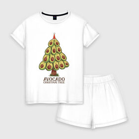 Женская пижама с шортиками хлопок с принтом Avocado Christmas Tree в Екатеринбурге, 100% хлопок | футболка прямого кроя, шорты свободные с широкой мягкой резинкой | Тематика изображения на принте: claus | cute | nature | new year | santa | tree | авокадо | адвокадо | дед мороз | дед отмороз | ёлка | ель | из авокадо | колпак | косточка | милота | милые авокадо | новый год | прикол | природа | рождественское дерево