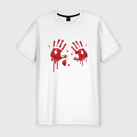 Мужская футболка хлопок Slim с принтом Кровавые отпечатки рук в Екатеринбурге, 92% хлопок, 8% лайкра | приталенный силуэт, круглый вырез ворота, длина до линии бедра, короткий рукав | Тематика изображения на принте: blood | bloody | creep | creepy | death | halloween | hand | hands | horror | kill | merch | murded | spooky | victim | жертва | капли | кровь | мерч | пятна | пятно | руки | след | следы | ужас | ужасы | ужасы мерч | хорро