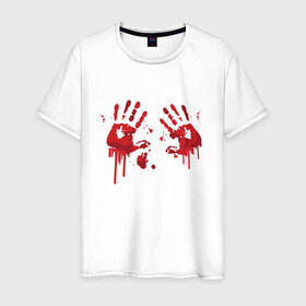 Мужская футболка хлопок с принтом Кровавые отпечатки рук в Екатеринбурге, 100% хлопок | прямой крой, круглый вырез горловины, длина до линии бедер, слегка спущенное плечо. | Тематика изображения на принте: blood | bloody | creep | creepy | death | halloween | hand | hands | horror | kill | merch | murded | spooky | victim | жертва | капли | кровь | мерч | пятна | пятно | руки | след | следы | ужас | ужасы | ужасы мерч | хорро