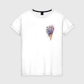Женская футболка хлопок с принтом Цветочное мороженое в Екатеринбурге, 100% хлопок | прямой крой, круглый вырез горловины, длина до линии бедер, слегка спущенное плечо | Тематика изображения на принте: flo | flowers | растения | флористика | цветение | цветы