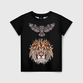 Детская футболка 3D с принтом Лев и Сова в Екатеринбурге, 100% гипоаллергенный полиэфир | прямой крой, круглый вырез горловины, длина до линии бедер, чуть спущенное плечо, ткань немного тянется | animal | beast | cat | cute | fluffy | hunter | lion | lion cub | lion king | mane | predator | red | tail | tiger | yellow | большая кошка | голова тигра | грива | животное | зверь | король лев | кот | милый | охотник | пушистый | тигр | тиг
