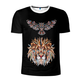Мужская футболка 3D спортивная с принтом Лев и Сова в Екатеринбурге, 100% полиэстер с улучшенными характеристиками | приталенный силуэт, круглая горловина, широкие плечи, сужается к линии бедра | animal | beast | cat | cute | fluffy | hunter | lion | lion cub | lion king | mane | predator | red | tail | tiger | yellow | большая кошка | голова тигра | грива | животное | зверь | король лев | кот | милый | охотник | пушистый | тигр | тиг
