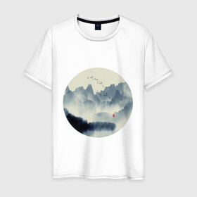 Мужская футболка хлопок с принтом Абстрактная природа в Екатеринбурге, 100% хлопок | прямой крой, круглый вырез горловины, длина до линии бедер, слегка спущенное плечо. | абстракция | азиатский | арт | минимализм | пейзаж | природа | рисунок | хипстер | японский