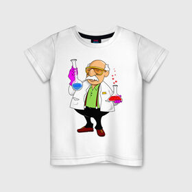 Детская футболка хлопок с принтом Ученый химик колбы в Екатеринбурге, 100% хлопок | круглый вырез горловины, полуприлегающий силуэт, длина до линии бедер | биолог | дедуля | дедушка | колбы | лаборант | очки | перчатки | профессор | умник | ученый | халат | химик