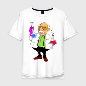 Мужская футболка хлопок Oversize с принтом Ученый химик колбы в Екатеринбурге, 100% хлопок | свободный крой, круглый ворот, “спинка” длиннее передней части | биолог | дедуля | дедушка | колбы | лаборант | очки | перчатки | профессор | умник | ученый | халат | химик