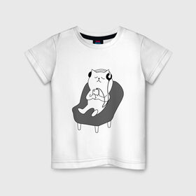 Детская футболка хлопок с принтом кот в наушниках в Екатеринбурге, 100% хлопок | круглый вырез горловины, полуприлегающий силуэт, длина до линии бедер | Тематика изображения на принте: кот | котики | коты | кошка | музыка | наушники | телефон