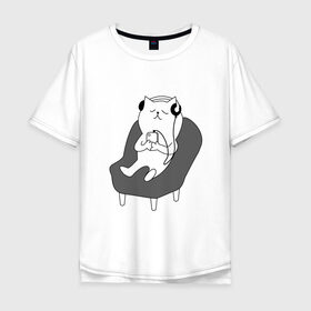Мужская футболка хлопок Oversize с принтом кот в наушниках в Екатеринбурге, 100% хлопок | свободный крой, круглый ворот, “спинка” длиннее передней части | Тематика изображения на принте: кот | котики | коты | кошка | музыка | наушники | телефон