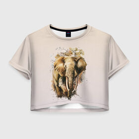 Женская футболка Crop-top 3D с принтом акварельный слон брызги в Екатеринбурге, 100% полиэстер | круглая горловина, длина футболки до линии талии, рукава с отворотами | акварель | акварельный | арт | бивни | брызги | животное | зверь | краска | природа | разводы | рисунок | хобот