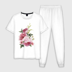 Мужская пижама хлопок с принтом Акварельные розы в Екатеринбурге, 100% хлопок | брюки и футболка прямого кроя, без карманов, на брюках мягкая резинка на поясе и по низу штанин
 | Тематика изображения на принте: акварель | ботаника | весна | женственность | иллюстрация | нежность | рисунок | розы | цветы