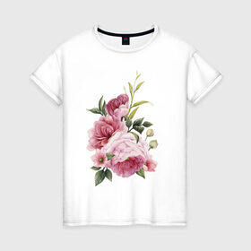 Женская футболка хлопок с принтом Акварельные розы в Екатеринбурге, 100% хлопок | прямой крой, круглый вырез горловины, длина до линии бедер, слегка спущенное плечо | акварель | ботаника | весна | женственность | иллюстрация | нежность | рисунок | розы | цветы