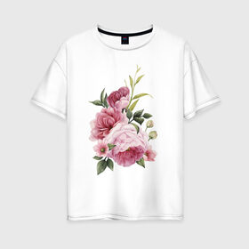 Женская футболка хлопок Oversize с принтом Акварельные розы в Екатеринбурге, 100% хлопок | свободный крой, круглый ворот, спущенный рукав, длина до линии бедер
 | акварель | ботаника | весна | женственность | иллюстрация | нежность | рисунок | розы | цветы