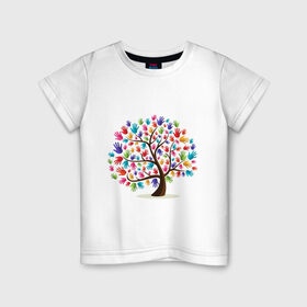 Детская футболка хлопок с принтом Дерево листья ладошка в Екатеринбурге, 100% хлопок | круглый вырез горловины, полуприлегающий силуэт, длина до линии бедер | дерево | детский | ладошки | листья | мир | отпечатки | природа | рисунок | руки | символ