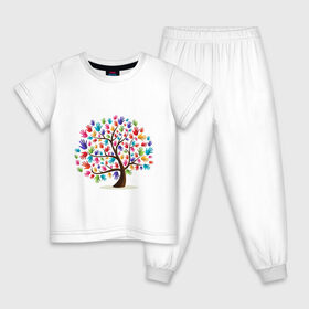 Детская пижама хлопок с принтом Дерево листья ладошка в Екатеринбурге, 100% хлопок |  брюки и футболка прямого кроя, без карманов, на брюках мягкая резинка на поясе и по низу штанин
 | Тематика изображения на принте: дерево | детский | ладошки | листья | мир | отпечатки | природа | рисунок | руки | символ
