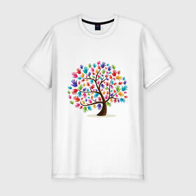 Мужская футболка хлопок Slim с принтом Дерево листья ладошка в Екатеринбурге, 92% хлопок, 8% лайкра | приталенный силуэт, круглый вырез ворота, длина до линии бедра, короткий рукав | дерево | детский | ладошки | листья | мир | отпечатки | природа | рисунок | руки | символ
