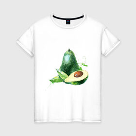 Женская футболка хлопок с принтом акварельное авокадо в Екатеринбурге, 100% хлопок | прямой крой, круглый вырез горловины, длина до линии бедер, слегка спущенное плечо | авокадо | акварель | брызги | веган | вегетарианец | здоровье | зож | правильное питание | рисунок